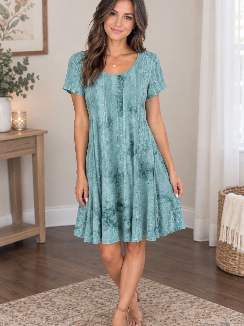 Sami & Jo Teal Scoop Neck Short Sleeve Swing Dress